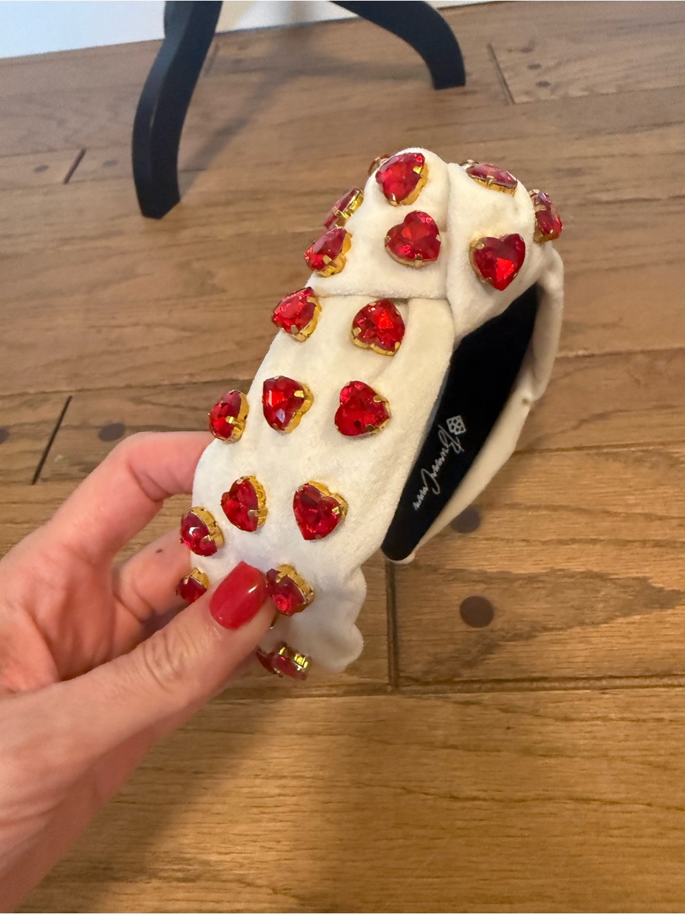 Brianna Cannon cream velve Padded Headband with Red Heart Gem Accents